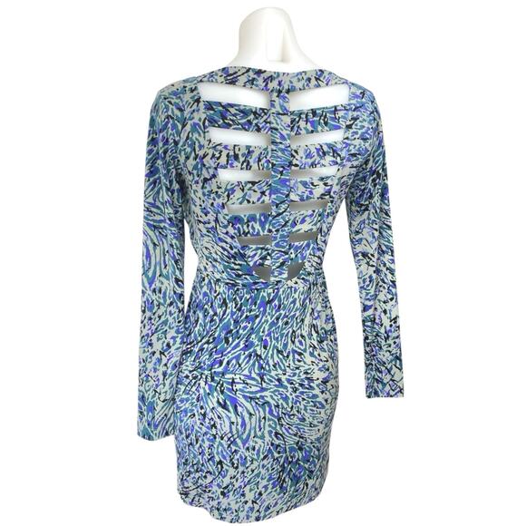 BCBGeneration Blue Abstract Long Sleeve Faux Wrap Mini Sheath Dress Size XS - Picture 2 of 5